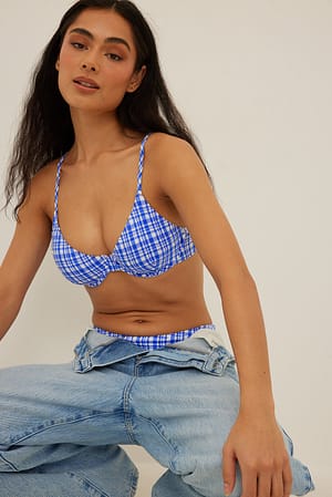 Blue/White Structured Check Bikini Bra