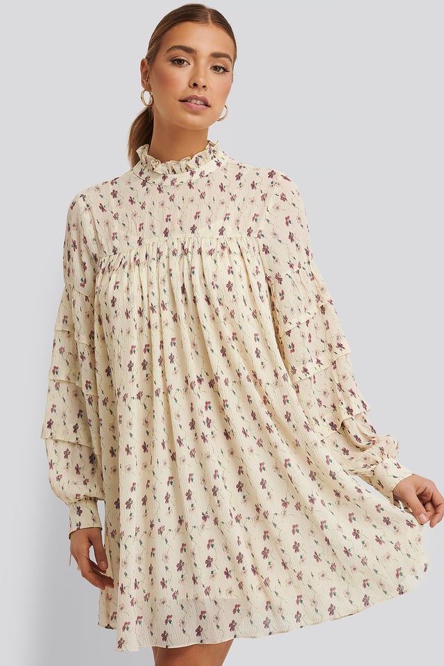 Structured Flower Printed Dress White Flower