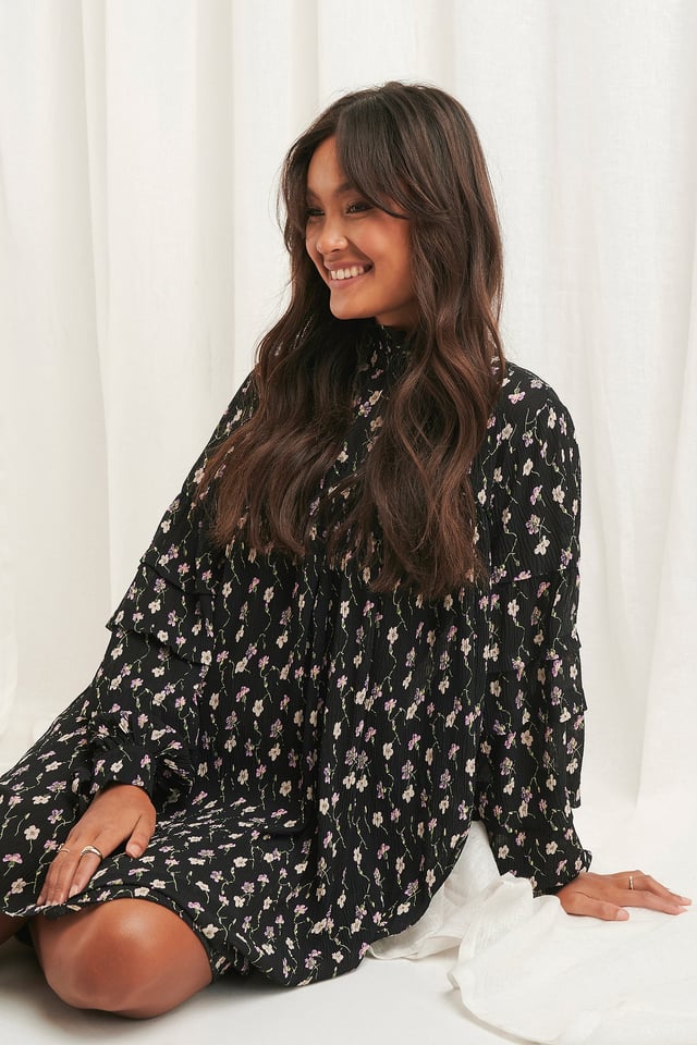 Structured Flower Printed Dress Black Flower Print