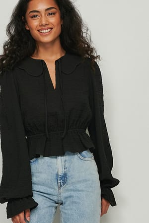 Black Struktureret bluse med lange ærmer og krave