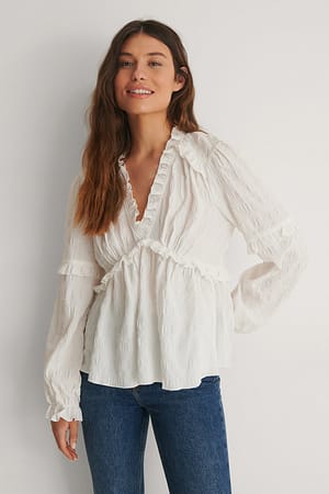 White Recycled Structured LS Frill Blouse