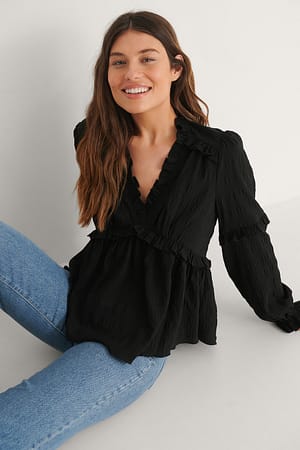 Black NA-KD Boho Recycled Structured LS Frill Blouse