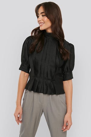 Black Structured Organza Gathered Blouse