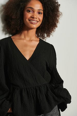 Black Gestructureerde overlappande blouse met lange mouwen