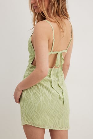 Light Green Gestructureerde mini-jurk met strik aan de achterkant