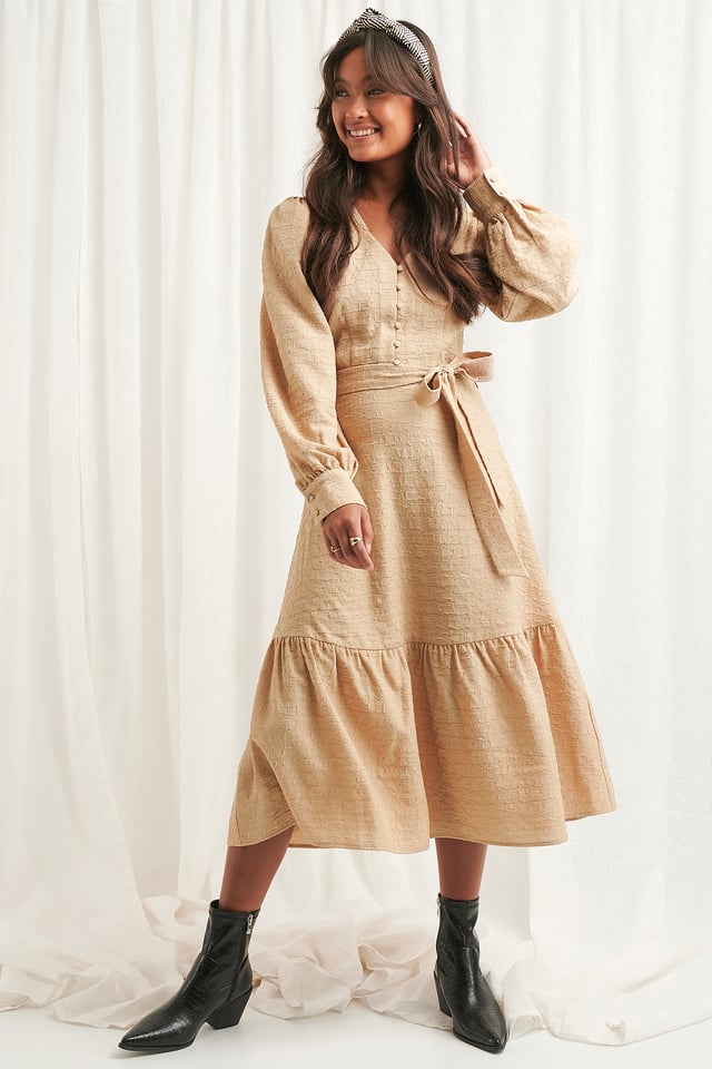 Structured Tie Waist Dress Light Beige