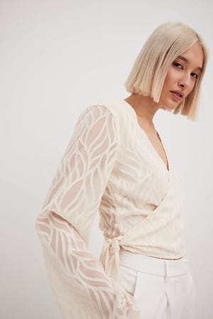Cream Structured Trumpet Sleeve Wrap Blouse