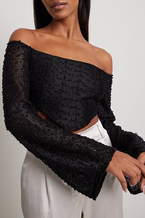 Black Structured Wide Sleeve Glitter Top