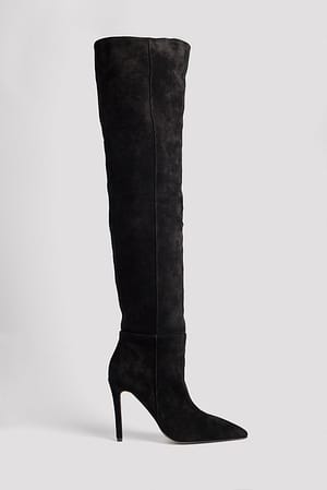 Black Overknee-Stiefel aus Wildleder mit Stilettoabsatz
