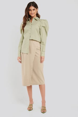 Beige Tailored Overlap Midi Skirt