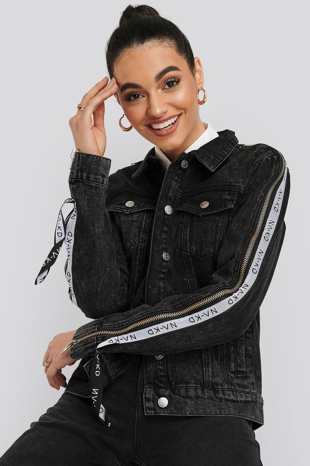 Tape Zip Detail Denim Jacket Black
