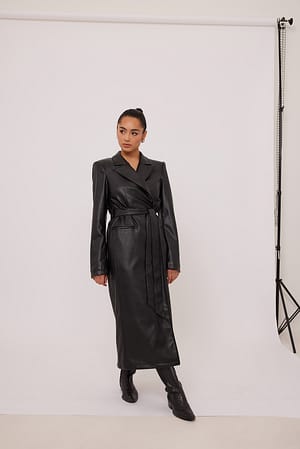 Long Belted PU Coat Black | NA-KD