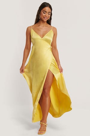 Yellow Thin Strap Satin Slit Dress