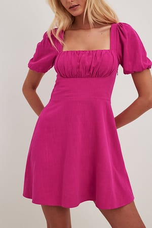 Pink Tie Back Puff Sleeve Mini Dress