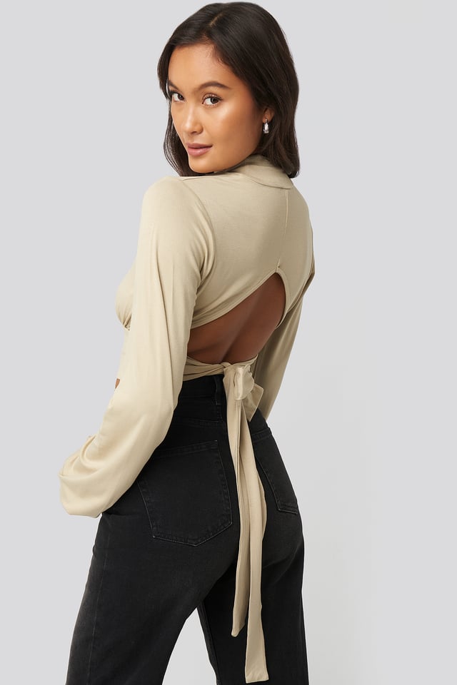 Tie Back Turtle Neck Top Dark Beige