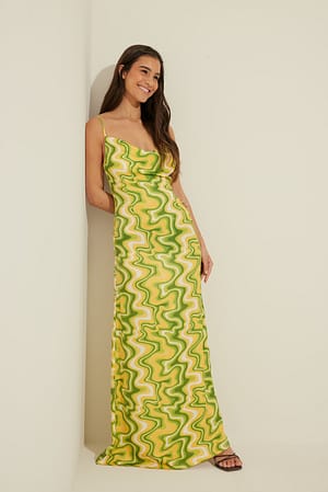 Green Swirl Print Tie Detail Satin Dress