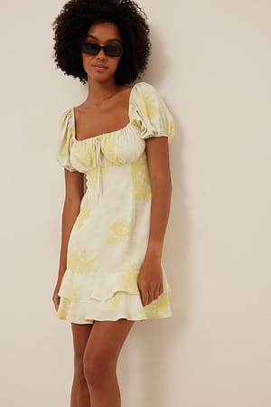 White/Yellow Flower Tie Details Mini Dress