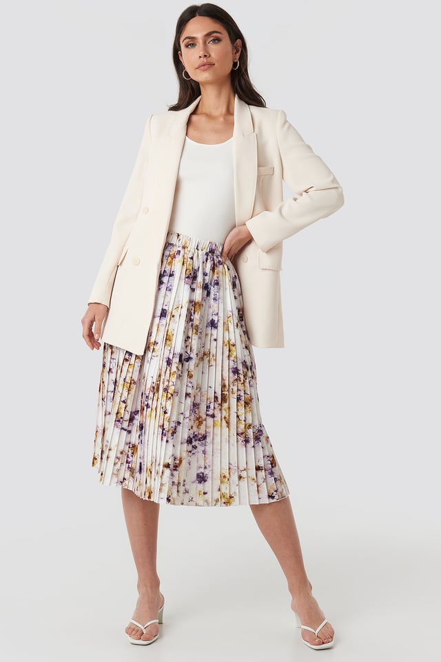 Tie Dye Print Pleated Midi Skirt Beige