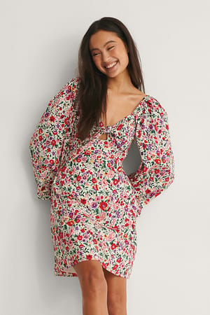 Multi Floral Print Tie Front Balloon Sleeve Dress