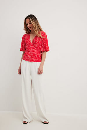Red Flower Tie Front Butterfly Sleeve Top