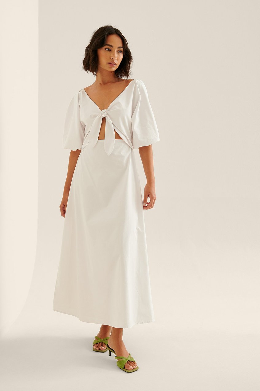 Vestidos Puff Sleeve Dresses | Organic Tie Front Cotton Maxi Dress - HW44462
