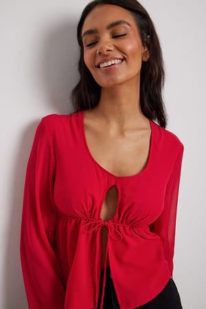 Red Tie Front Cut Out Blouse