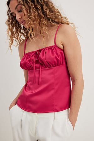 Rose Tie Front Gathered Cup Satin Top