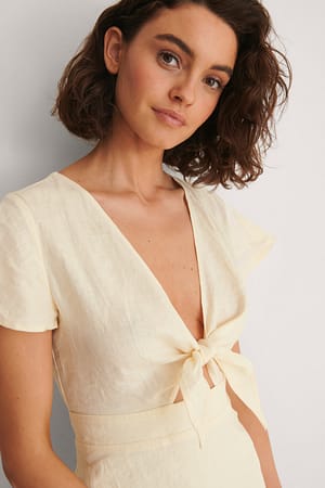 Cream Tie Front Linen Dress