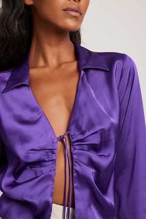 Dark Purple Tie Front Long Sleeved Satin Blouse