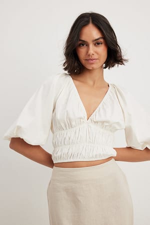 White Linen Blend Tie Front Puff Sleeve Top