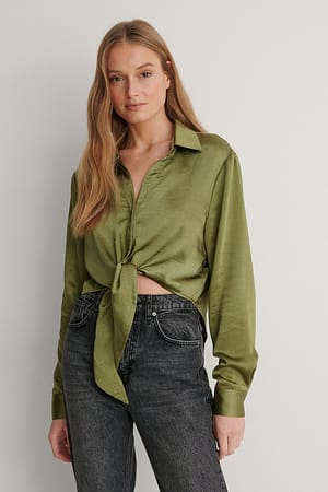 Green Tie Front Satin Blouse