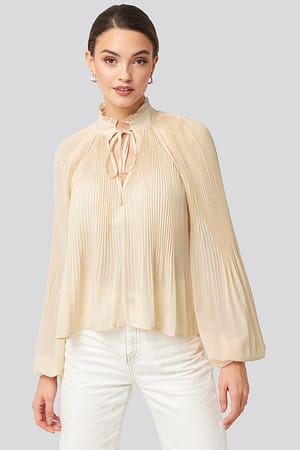 Offwhite NA-KD Trend Tie Neck Pleated Blouse