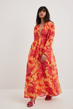 Flower Print Szyfonowa sukienka kaftan z wiązaniem w talii