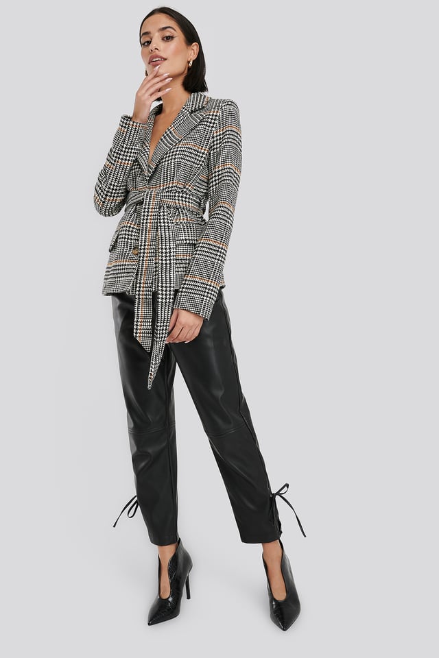 Tie Waist Herringbone Blazer Black/White Check