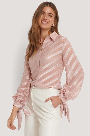 Pink Tied Sleeve Striped Blouse