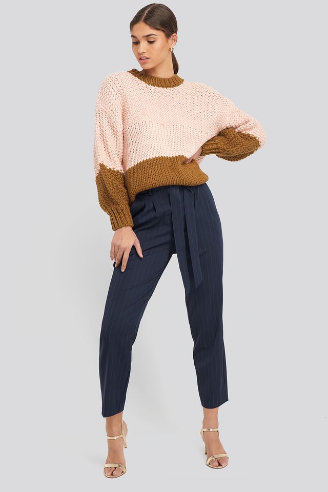 Tied Waist Pinstriped Pants Navy