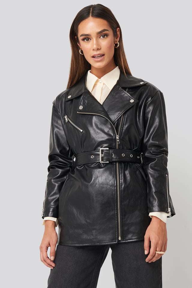 Tied Waist PU Biker Jacket Black