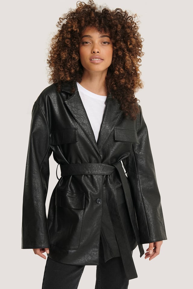 Tied Waist Pu Jacket Black