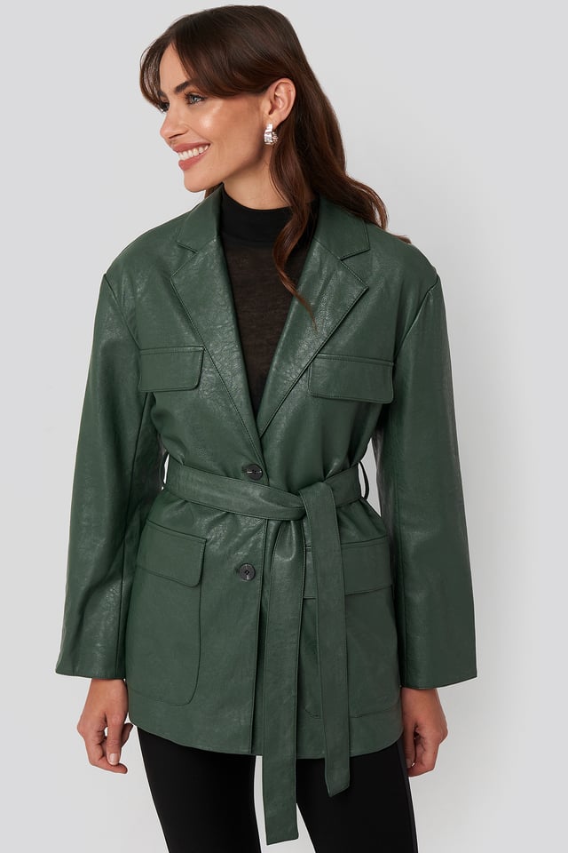 Tied Waist Pu Jacket Green
