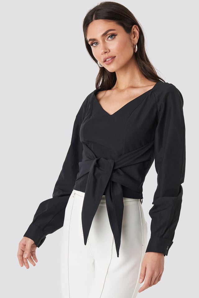 Tied Waist Puff Sleeve Blouse Black