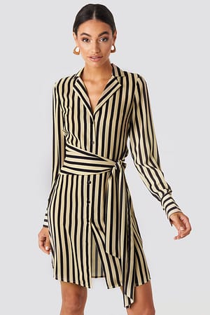 Black/Beige NA-KD Classic Tied Waist Striped Dress