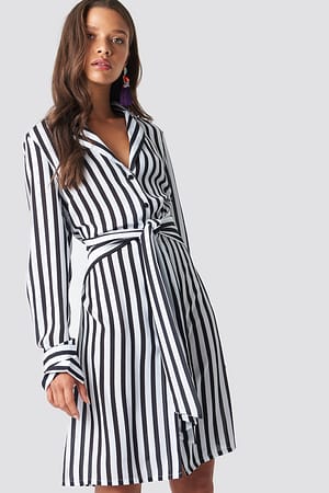 Black/White NA-KD Classic Tied Waist Striped Dress