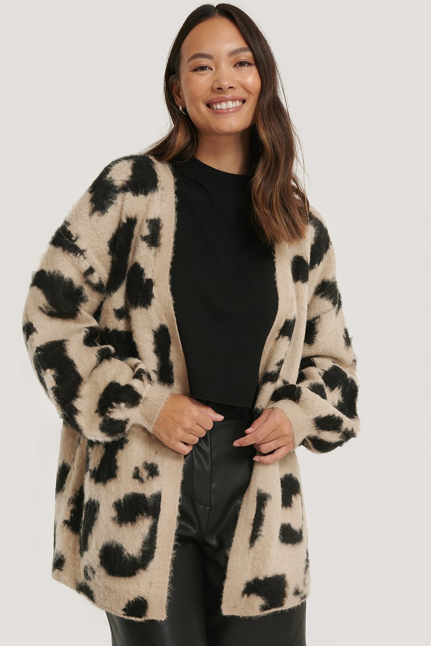 Pullover Cardigans | Übergroße Gebürstete Strickjacke, Leoparden-Look - WQ12881