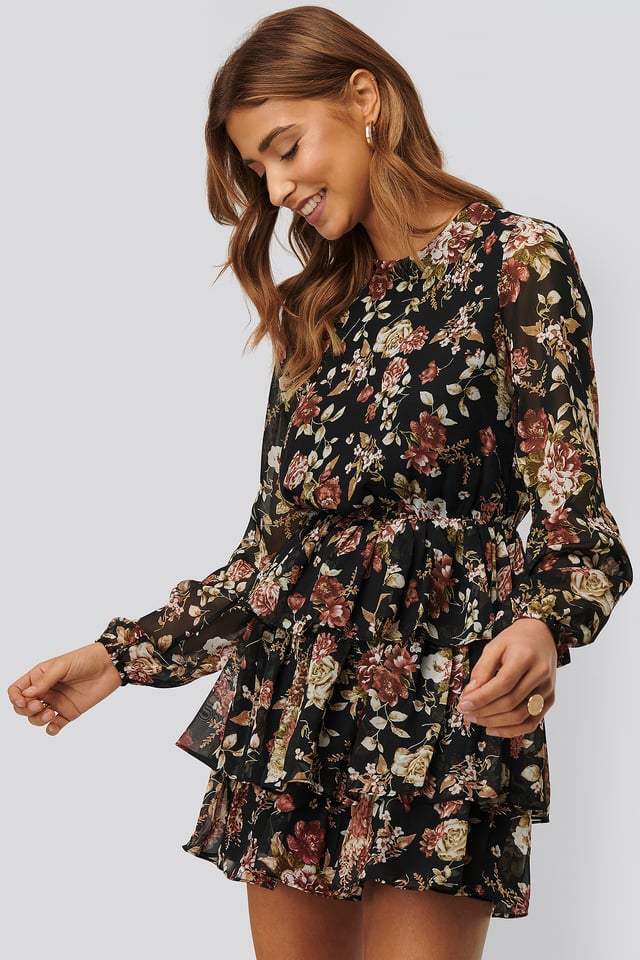 Triple Layer Flounce Mini Dress Black Flower Print