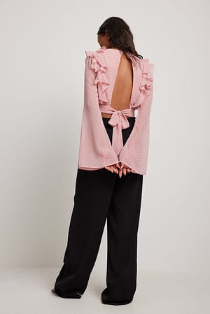 Dusty Pink Dobby blouse met uitlopende mouwen en banddetail