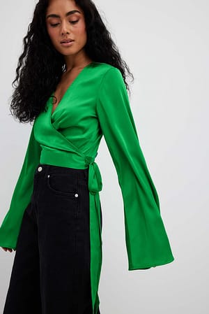 Green Trumpet Sleeve Wrap Front Satin Blouse