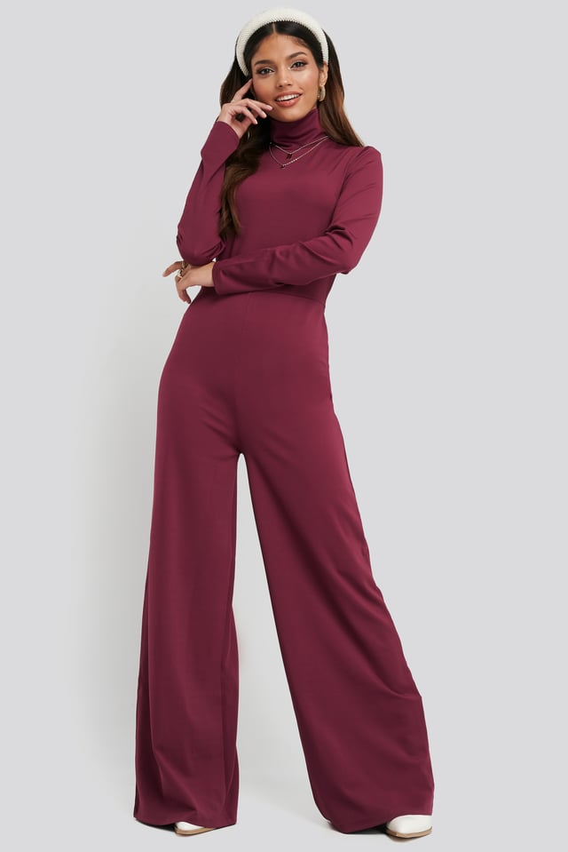 Turtle Neck Long Sleeve Jersey Jumpsuit Dark Pink