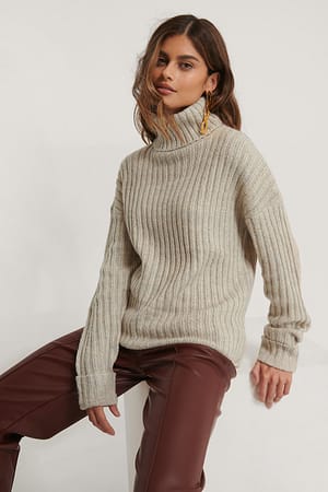 Grey Melange Turtleneck Ribbed Knitted Sweater