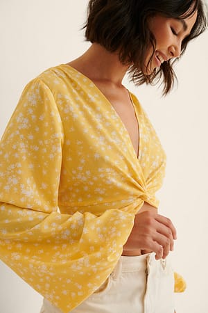 Yellow Flower Recycled Twist Front Long Sleeve Blouse