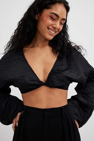Black Twist Front Pleated Blouse